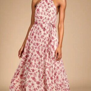 Lulu’s Extravagant Entrance Cream and Pink Floral Pleated Halter Maxi Dress XS